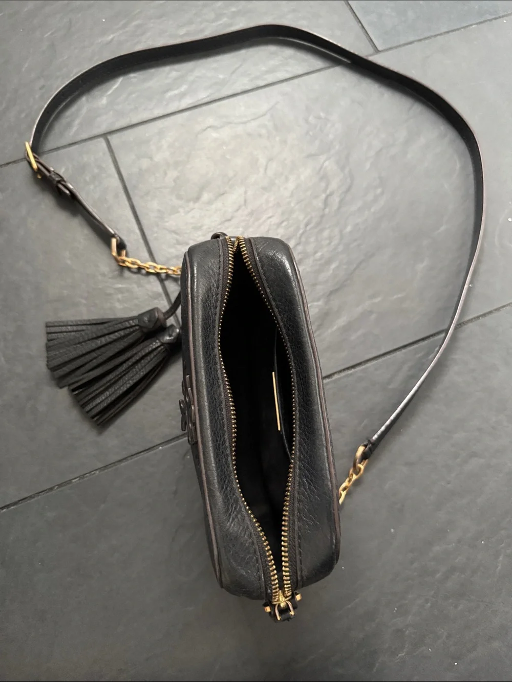 Tory Burch Black Pebbled Leather Crossbody with Tassel and Gold Chain